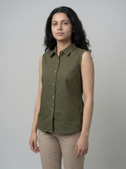 Olive Green Cotton Sleeveless Button-Down Top for Women