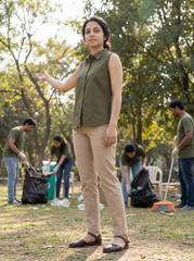 Olive Green Cotton Sleeveless Button-Down Top for Women