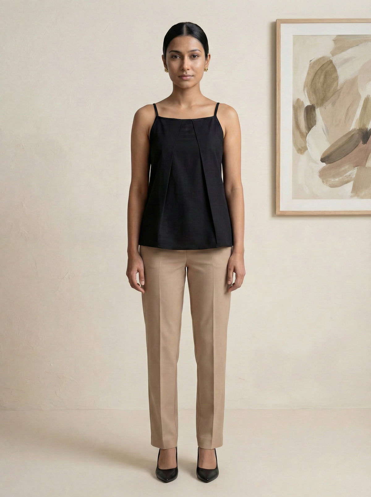 Rust Cotton Sleeveless Mandarin Collar Top with Decorative Tie Detail for Women