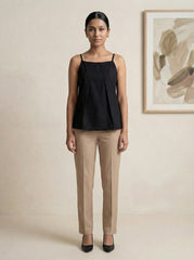 Rust Cotton Sleeveless Mandarin Collar Top with Decorative Tie Detail for Women