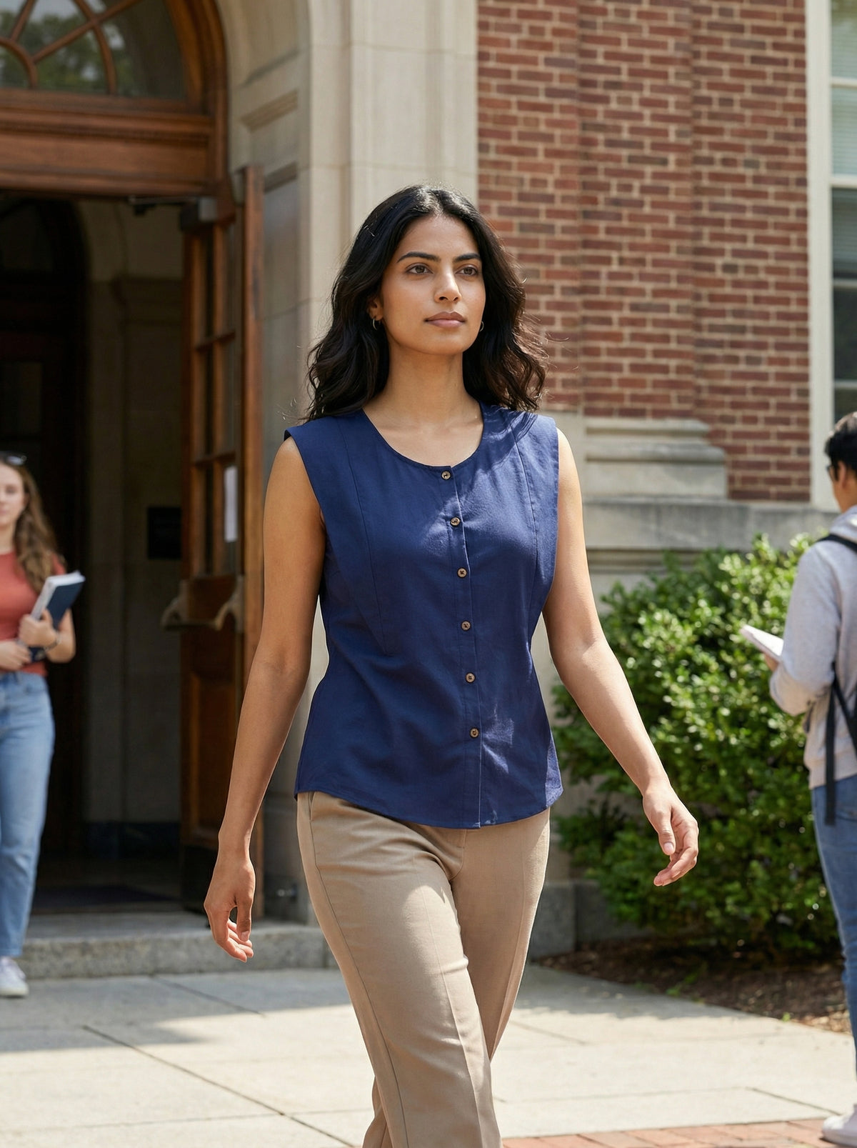Navy Blue Cotton Sleeveless Button-Down Top for Women