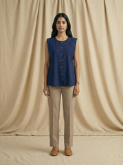 Navy Blue Cotton Sleeveless Button-Down Top for Women