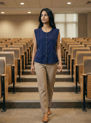 Navy Blue Cotton Sleeveless Button-Down Top for Women