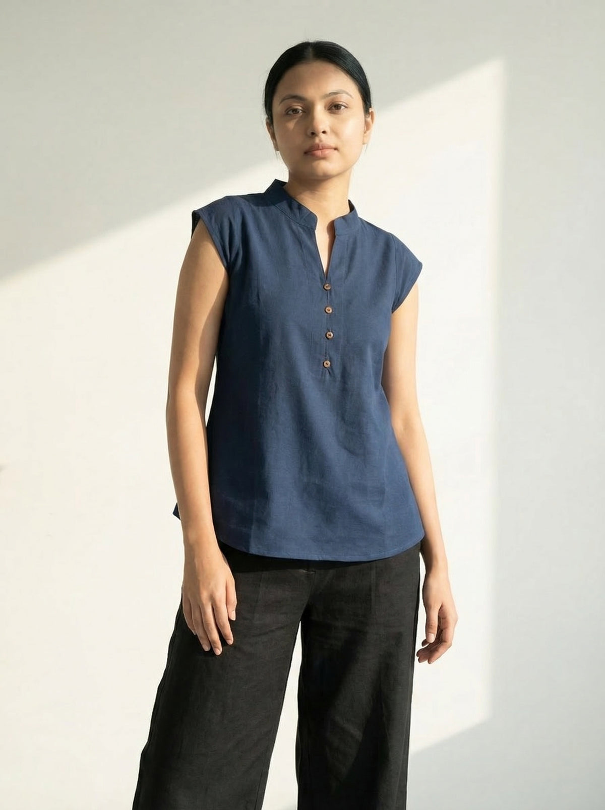 Navy Blue Cotton Sleeveless Mandarin Collar Button Detail Top for Women