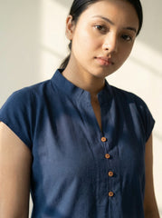 Navy Blue Cotton Sleeveless Mandarin Collar Button Detail Top for Women