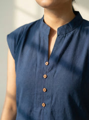 Navy Blue Cotton Sleeveless Mandarin Collar Button Detail Top for Women