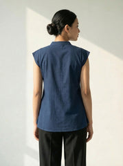 Navy Blue Cotton Sleeveless Mandarin Collar Button Detail Top for Women