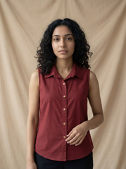 Maroon Cotton Sleeveless Button-Down Top for Women