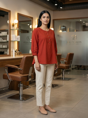 Rust Orange Cotton 3/4 Sleeve Button-Detail Top for Women