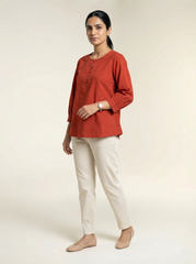 Rust Orange Cotton 3/4 Sleeve Button-Detail Top for Women