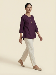 Wine Purple Cotton 3/4 Sleeve Button Detail Top for Women