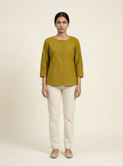 Mustard Yellow Cotton 3/4 Sleeve Button Detail Top for Women