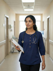 Navy Blue Cotton 3/4 Sleeve Button Detail Top for Women