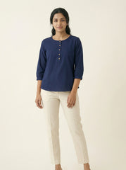 Navy Blue Cotton 3/4 Sleeve Button Detail Top for Women
