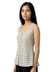 Beige Floral Embroidered V-Neck Button-Down Top