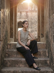 Beige Embroidered Floral V-Neck Button-Down Top for Women