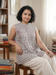 Beige Botanical Embroidered V-Neck Button-Down Top