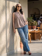 Beige Floral Embroidered V Neck Button Front Top