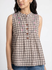Beige Floral Embroidered V Neck Button Front Top