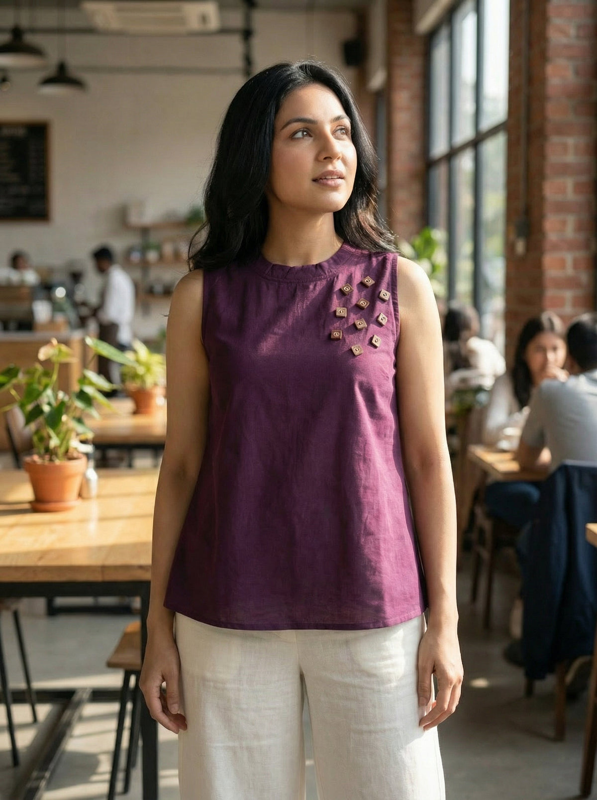 Plum Cotton Sleeveless A Line Tops For Women
