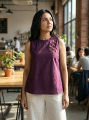 Plum Cotton Sleeveless A Line Tops For Women