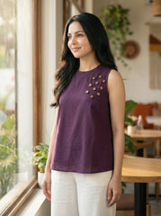 Plum Cotton Sleeveless A Line Tops For Women