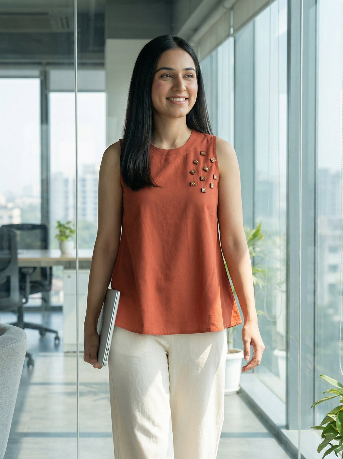 Rust Orange Cotton Sleeveless A Line Tops For Women