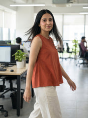 Rust Orange Cotton Sleeveless A Line Tops For Women
