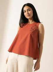 Rust Orange Cotton Sleeveless A Line Tops For Women