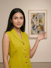 Mustard Khadi Sleeveless Shirt Collar Tops For Women