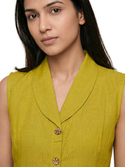 Mustard Khadi Sleeveless Shirt Collar Tops For Women