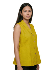Mustard Khadi Sleeveless Shirt Collar Tops For Women