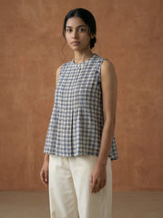 Pink Checked Square Neck Button Detail Top for Women