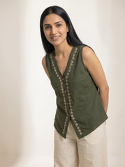 Blue Textured V-Neck Oversized Button Top
