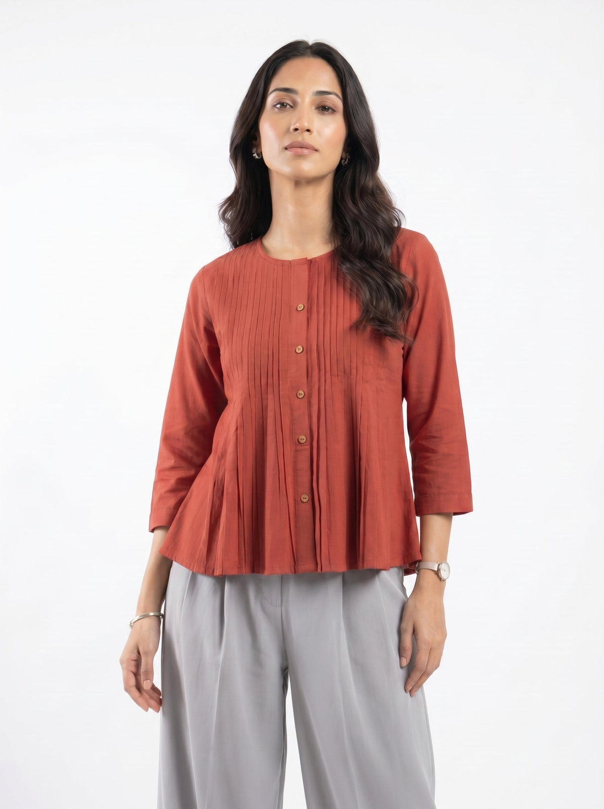 Maroon Collared Side-Tie Button-Front Shirt for Women