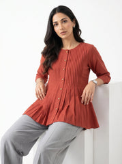 Maroon Collared Side-Tie Button-Front Shirt for Women