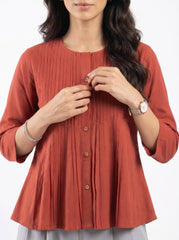 Maroon Collared Side-Tie Button-Front Shirt for Women