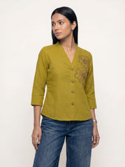 Red Collared Drawstring Waist Button-Front Shirt