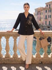 Black Collared Drawstring Waist Button-Front Shirt