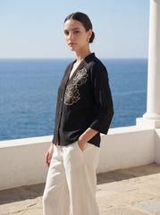 Black Collared Drawstring Waist Button-Front Shirt