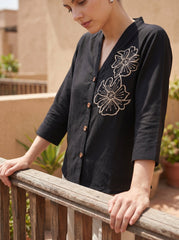 Black Collared Drawstring Waist Button-Front Shirt