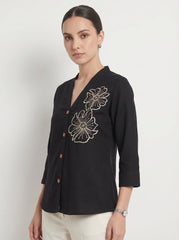 Black Collared Drawstring Waist Button-Front Shirt