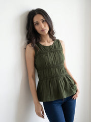 Black Sleeveless Tie Front Peplum V Neck Top