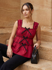 Red Cotton Square Neck Ruffle Detail Tops for Women