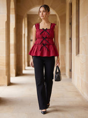Red Cotton Square Neck Ruffle Detail Tops for Women