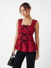 Red Cotton Square Neck Ruffle Detail Tops for Women