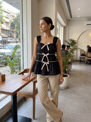 Black Cotton Square Neck Tie-Up Casual Tops for Women