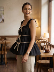 Black Cotton Square Neck Tie-Up Casual Tops for Women
