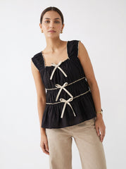 Black Cotton Square Neck Tie-Up Casual Tops for Women