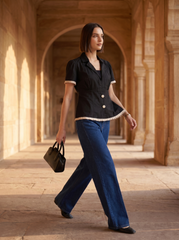 Black Cotton Lapel Collar Pleated Shirt Tops for Women